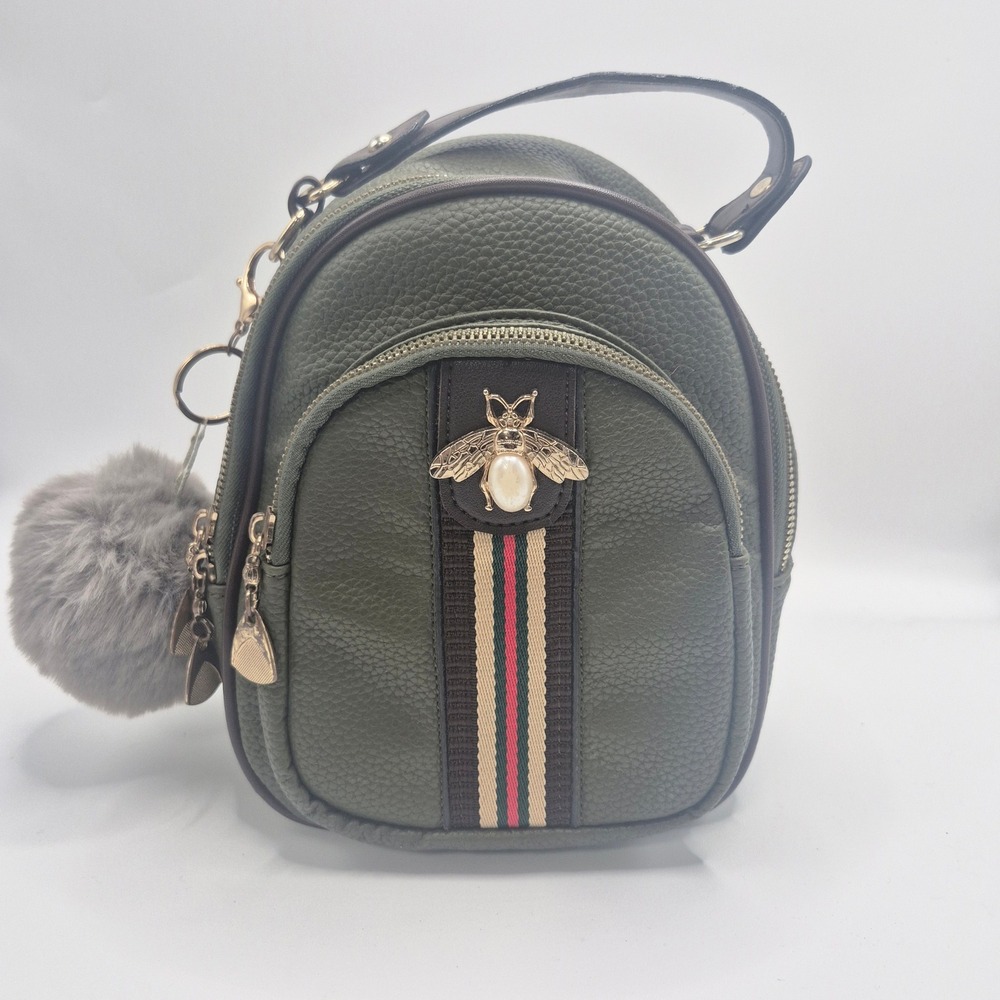 Olive Green Mini Backpack Faux Leather Bee Pearl Accent Convertible Crossbody